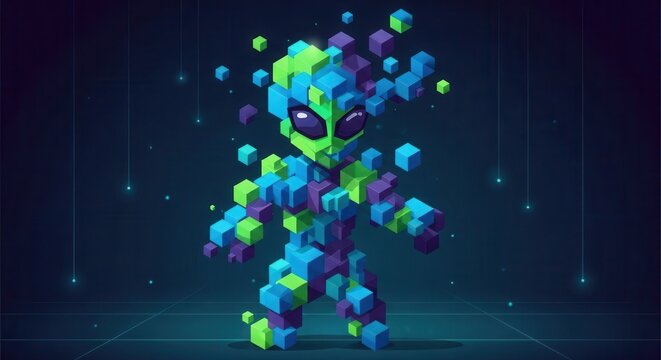 Digital creature emerges from floating colorful cubes in a technological void.