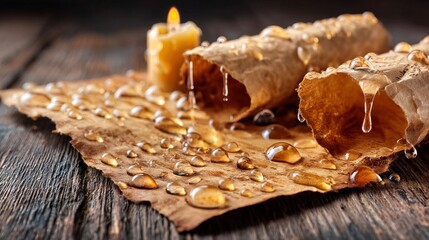 Fototapeta premium Wax Candle Droplets Hardened Into Irregular Shapes on Rustic Surface
