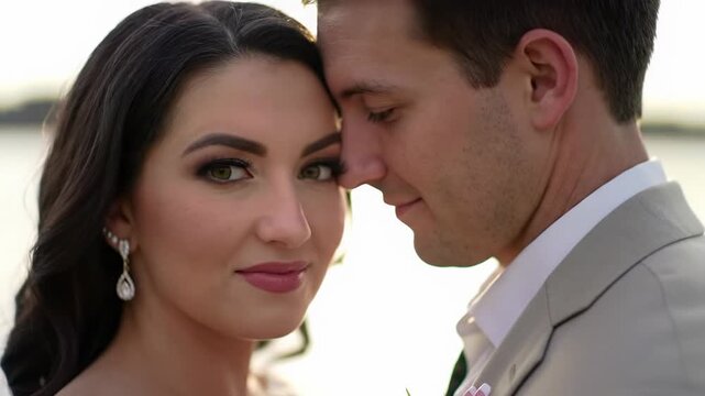 A tender, romantic close-up video of a young caucasian couple. Woman with dark, elegant hair and earrings, man in light suit. Bathed in warm golden hour light with dreamy bokeh, emphasizing profound