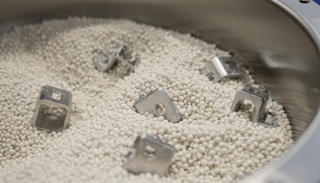 Medium shot of metal parts being polished inside a ceramic media tumbling drum showing the smooth abrasive action refining their surfaces.