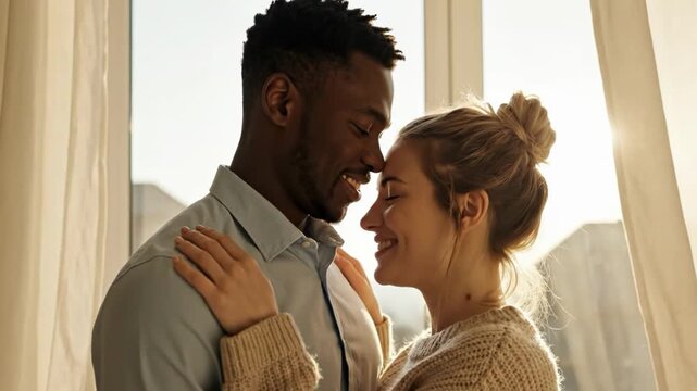 Happy interracial couple embracing near a bright window with sheer curtains