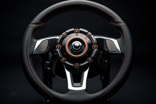 Close up of a customized steering wheel featuring orange stitching and chrome accents, exuding luxury and performance
