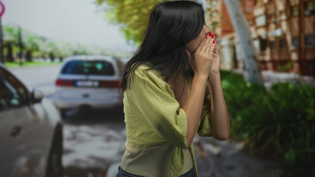 Young hispanic woman shouting with hands cupping mouth on a busy urban street lined with parked cars; urgency.