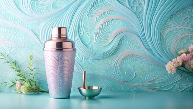 Elegant cocktail shaker and muddler set against a pastel blue decorative background