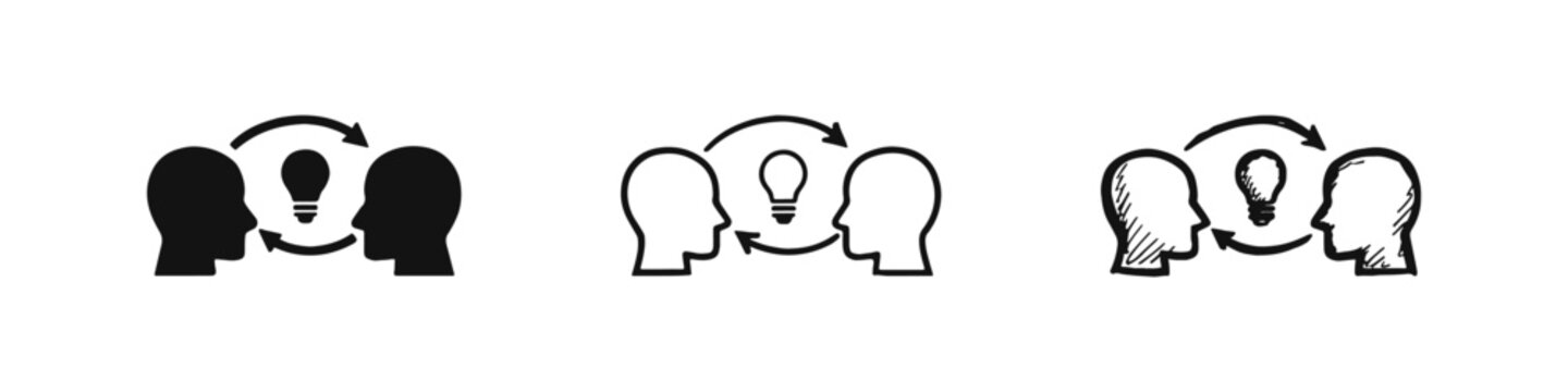 Knowledge Exchange and Brainstorming Icons with Heads and Lightbulb Idea Symbol
