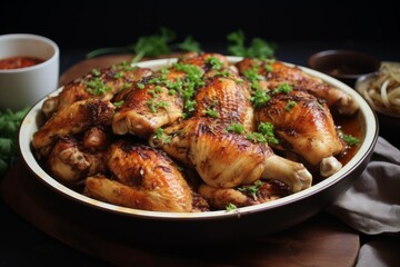 Fototapeta premium Delicious roasted chicken legs and wings seasoned with herbs and spices, presented in a serving dish, ready to be enjoyed