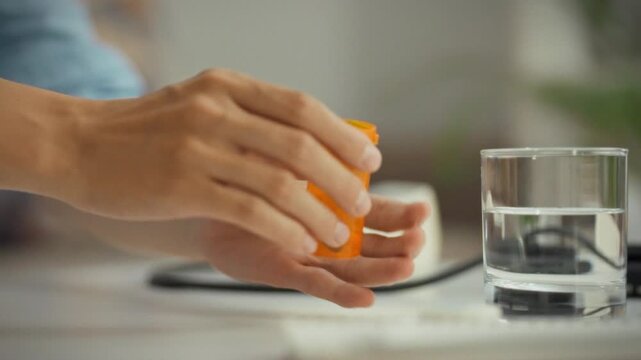 A woman, following her self-medication regimen, carefully removes pills from an orange bottle, engaging in a daily health treatment and therapy routine, focusing on vitamins