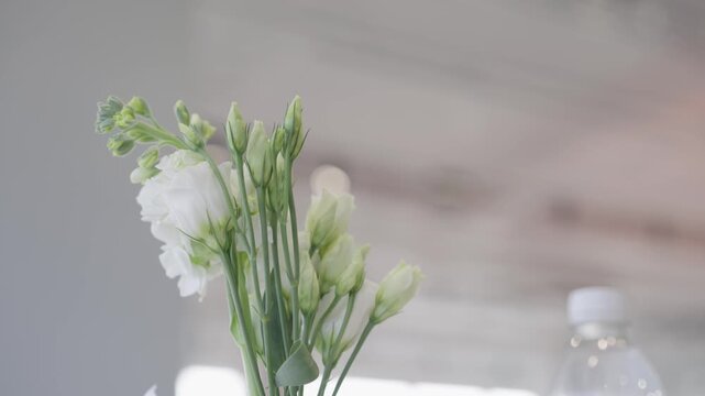 Panorama of white eustoma flower bouquet indoors