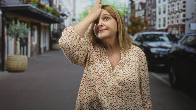 Middle age woman places palm to forehead on street next to parked cars, wearing floral blouse and showing a facepalm gesture; forgetfulness regret frustration.