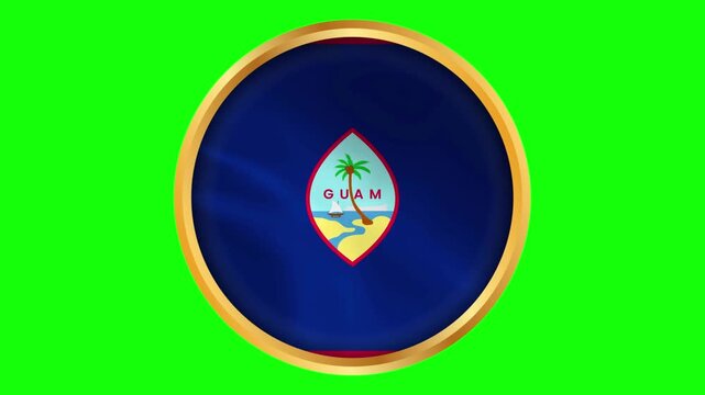 Guam Round Framed Territory Wavy Flag. Circular Blowing Flag of Guam USA with Gold Frame.