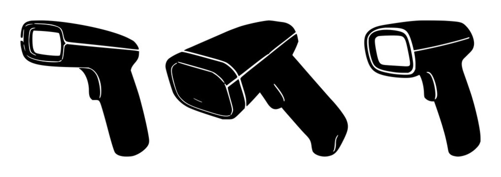 Inventory barcode scanner set with solid black icon on white background featuring barcode, scanner, inventory with black graphic and white background