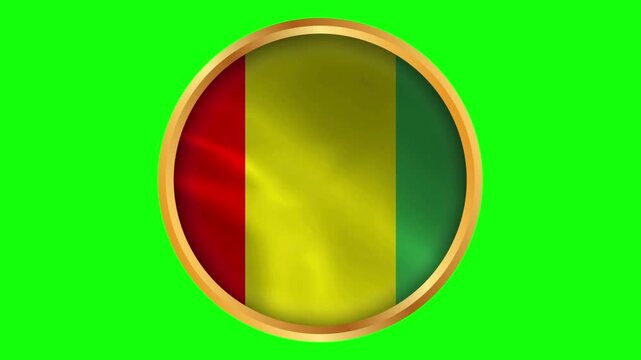 Guinea round framed national wavy flag. Circular blowing flag of the Republic of Guinea with golden frame animation.