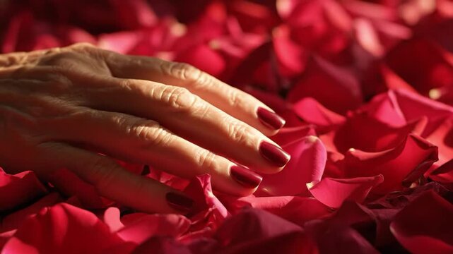 Closeup of an aged hand resting on a bed of vibrant red rose petals