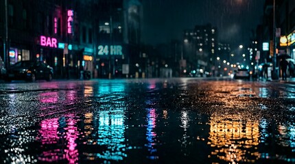 Fototapeta premium Wet asphalt reflecting neon lights after night rain, urban moody atmospheric background with text space