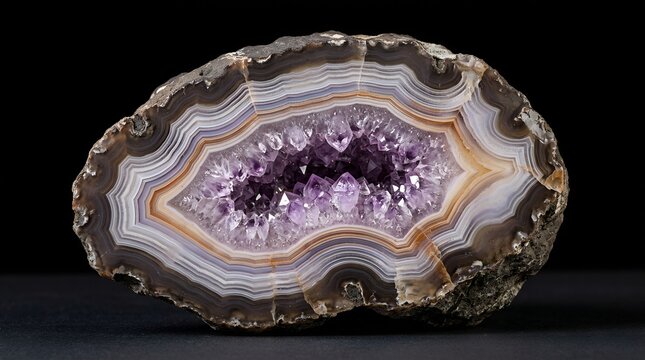 Agate geode cross section revealing concentric crystal bands and amethyst cavity, geological natural art macro