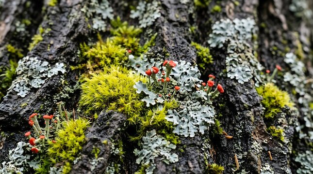 Tree bark with diverse moss and lichen colonization macro, micro biodiversity natural texture close-up
