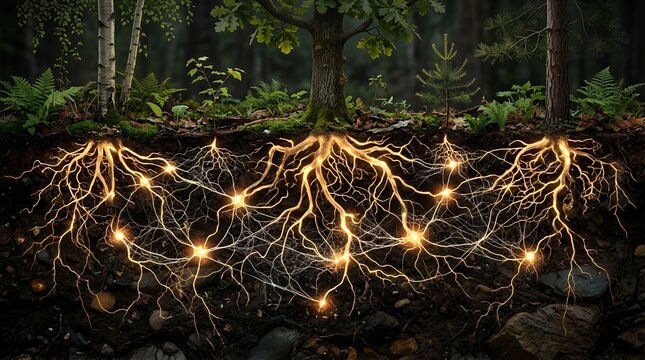 Underground tree roots forming glowing neural network in soil cross section, wood wide web nature concept