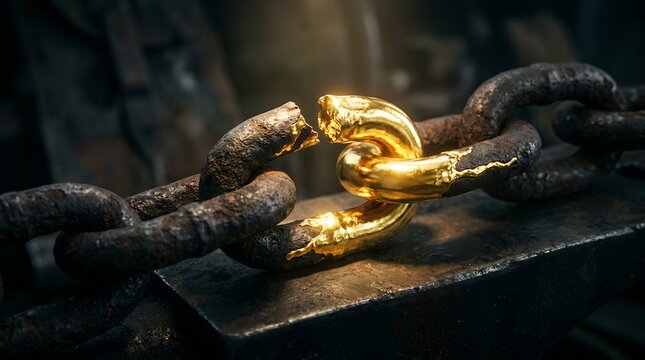Broken iron chain link transforming into gold, adversity value creation kintsugi resilience concept