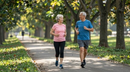 Obraz premium Happy Senior Couple Jogging Together in a Park on a Sunny Day