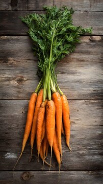 Freshly harvested organic carrots with green tops on rustic wood