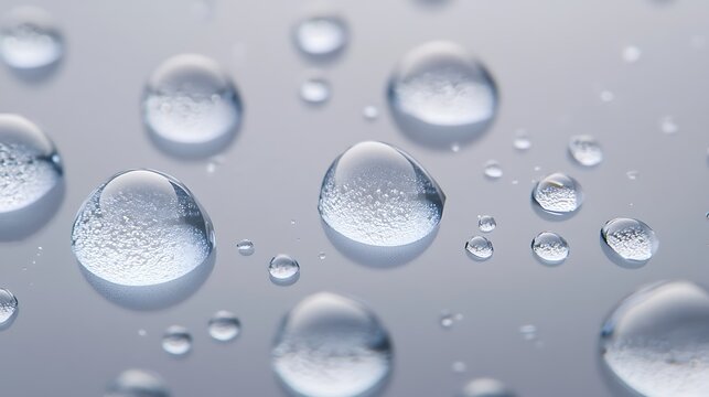 Glistening clear water droplets with tiny bubbles on a smooth surface