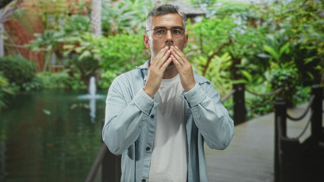 Man covering mouth with hands in garden by pond and fountain, wearing glasses and denim jacket over white tshirt; surprise contemplation.