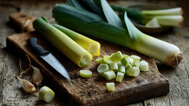Freshly cut green leeks and garlic cloves on rustic wood