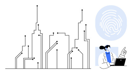 Naklejka premium Smart cities, digital transformation, biometric authentication, cybersecurity, innovation, data analysis. Minimalist city skyline with circuits, fingerprint icon professional pointing at data. Smart