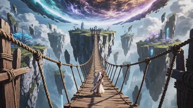 Massive Cosmic Vortex Portal Swirling in the Sky above Floating Fantasy Islands and Ancient Ruins Digital Illustration Landscape