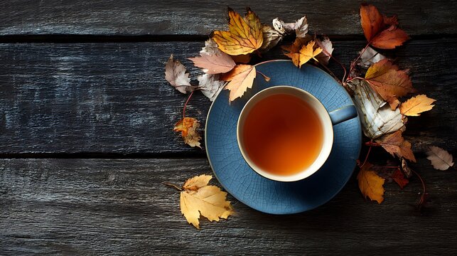 Top down view of tea cup with colorful autumn leaves