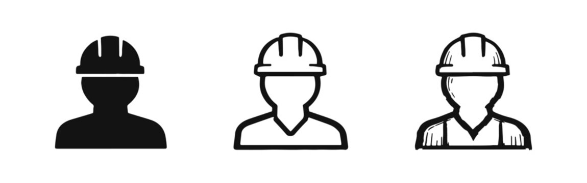 Technician and repairman icon set, industrial worker with hard hat symbol