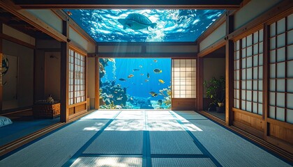 Fototapeta premium 天井が海になり魚が泳ぐ和室の超現実的な空間