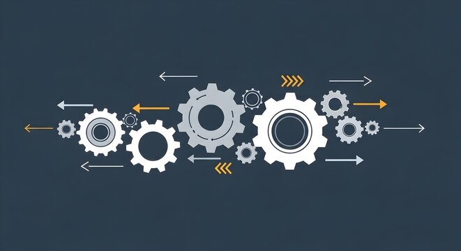 Interlocking gears and cogs in motion, representing teamwork, mechanics, industry, and technological progress