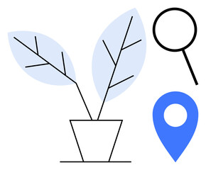 Naklejka premium Sustainability, navigation, growth, analysis, location services, eco-friendly solutions. Potted plant, magnifying glass and map pin design in modern style. Growth and navigation