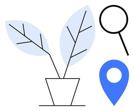 Sustainability, navigation, growth, analysis, location services, eco-friendly solutions. Potted plant, magnifying glass and map pin design in modern style. Growth and navigation