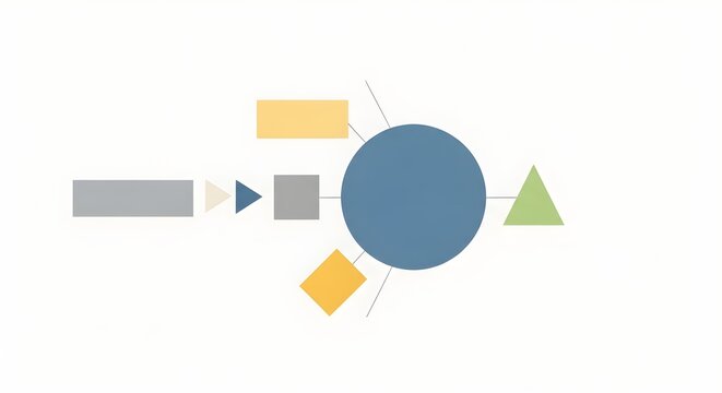 Abstract infographic diagram with geometric shapes and connecting lines on white background, representing data flow or process