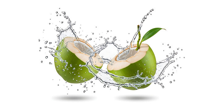 Green coconut halves with water splash isolated on white background