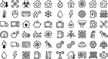 Energy and Home Systems Line Icon Set with Heating, Cooling, Electricity, Plumbing, Renewable Energy, and Maintenance Symbols for Web and App Design © tofajjol studio