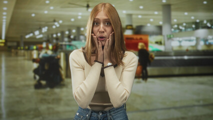 Fototapeta premium Woman with hands clasped at airport baggage claim, smiling broadly with eyes open and hands held at chest in a thankful gesture; joy anticipation.