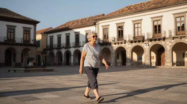 Elderly Woman Walking Alone in Historic Square at Sunset