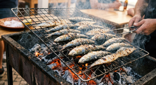 Cena T&iacute;pica dos Santos Populares com Sardinhas Assadas na Grelha, Fumo e Ambiente Festivo nas Ruas de norte a sul de Portugal.