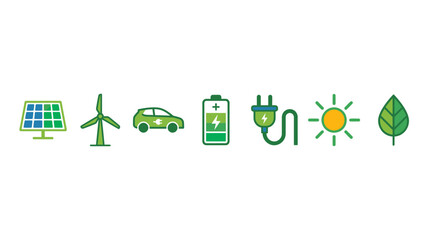 Fototapeta premium Eco friendly icons show solar panel, wind turbine, electric car, battery, plug and leaf on white background.