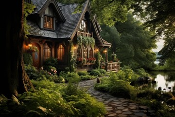 Fototapeta premium Stone path leading to charming cottage surrounded by lush foliage, overlooking a peaceful lake at sunset, creating a serene and idyllic scene