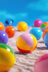 Bright beach balls rest on soft sand under blue sky