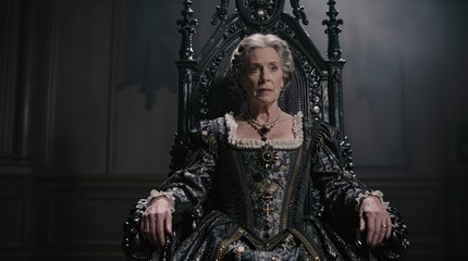 Naklejka premium Regal Elderly Woman in Elaborate Costume Posing in Throne Room