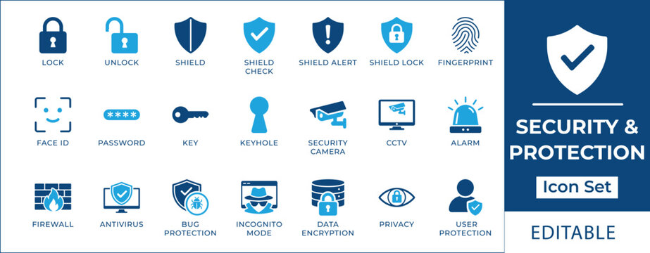 Security and protection icon set featuring cybersecurity, data encryption, biometric face ID, fingerprint, firewall, antivirus, privacy shield, and surveillance camera symbols.