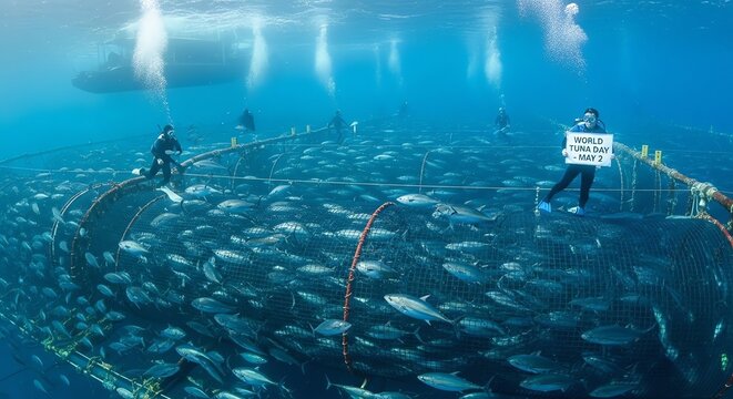 Tuna Fish Farming in Ocean Enclosure with Scuba Divers