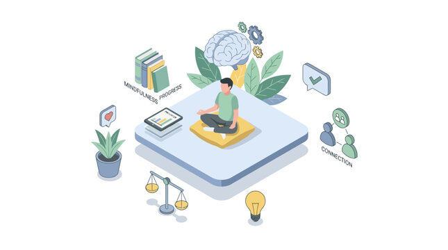 Isometric illustration of meditation and mindfulness with symbolic elements