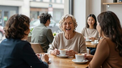 Fototapeta premium Joyful Group Gathering in Cafe with Coffee and Laughter