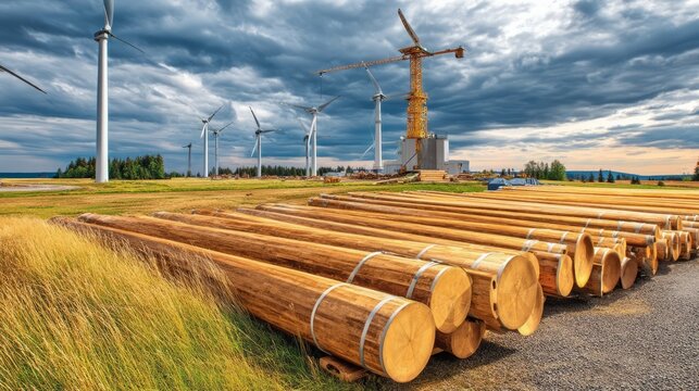Large Wooden Logs in Rural Meadow with Wind Turbines and Crane